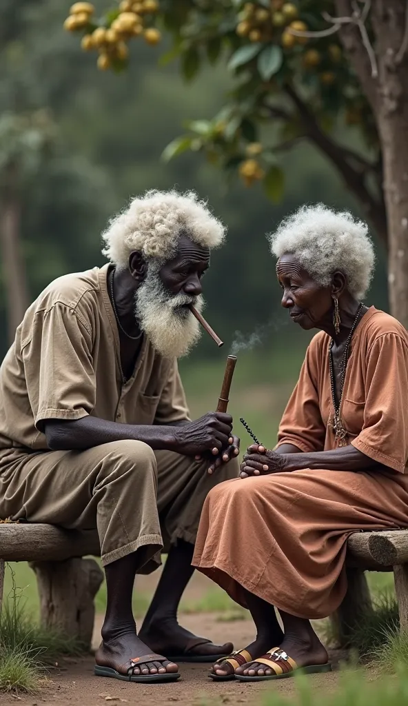 Realistic image of a very old black man, curly short white hair, typically African, and white beards, sitting on a low backless wooden bench, Lighting a pipe, next to you sitting on another bench similar to the first, a very old woman with curly white hair...