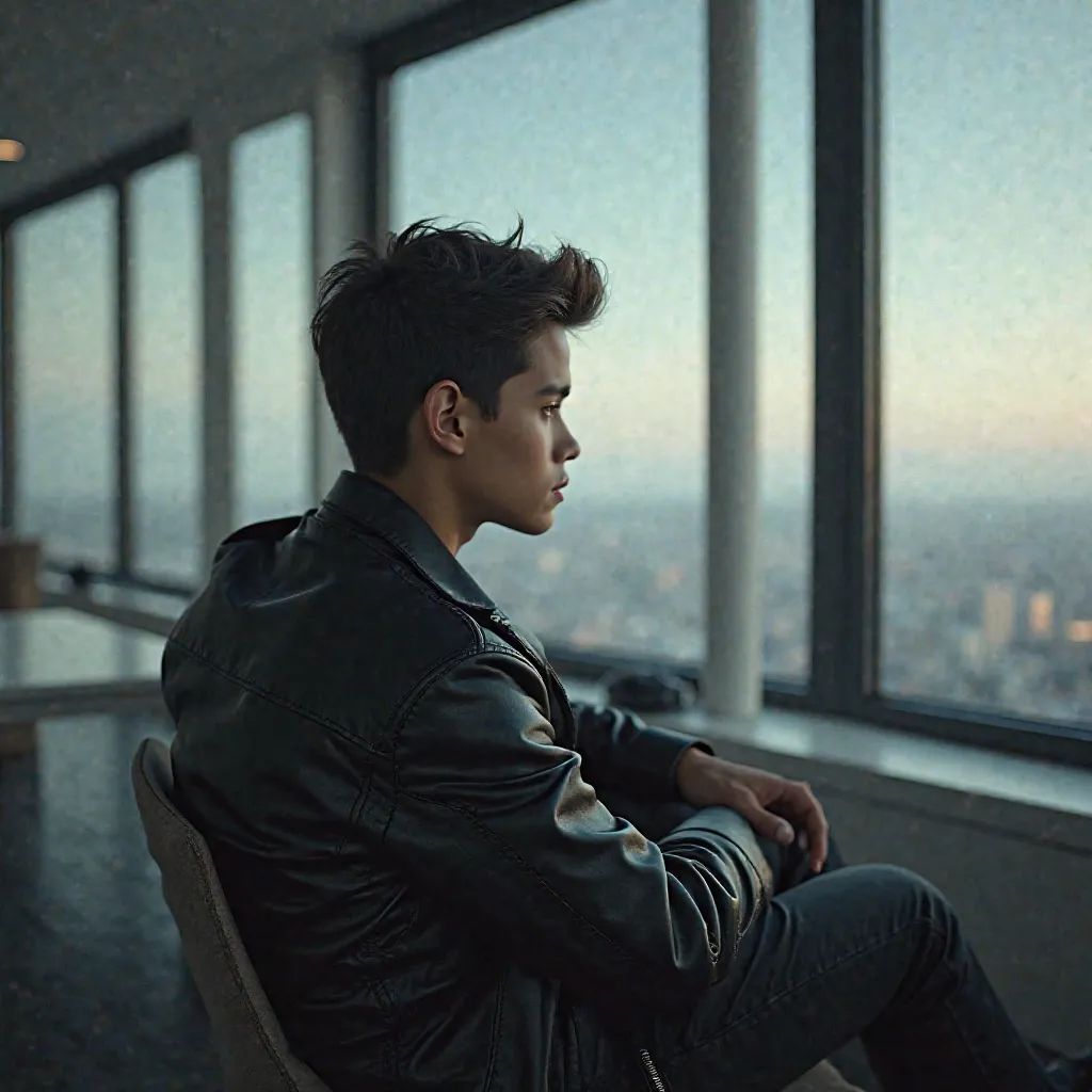 A sixteen-year-old beautiful and handsome boy wearing a beautiful black leather jacket with his hair styled is amazingly looking at the beautiful view from the window of a luxury office