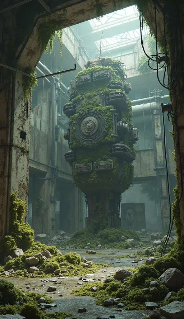 Futuristic laboratory interior, destroyed, Futuristic energy generator in the middle, irregular, moss