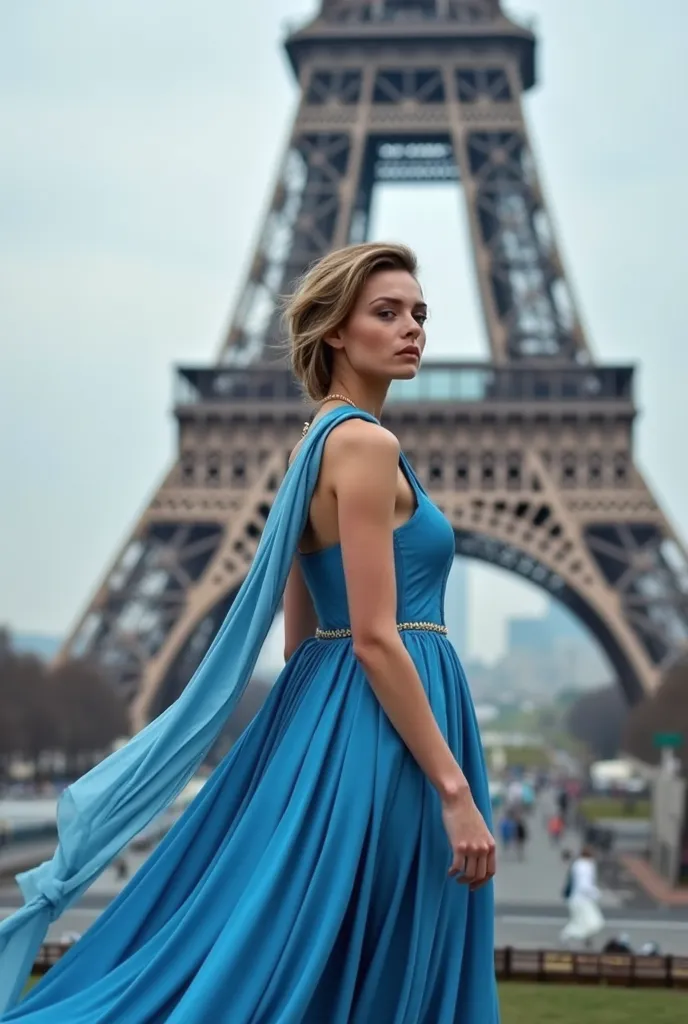 Maid of honor in a beautiful blue dress,with a long silk scarf around his neck near the Eiffel Tower 