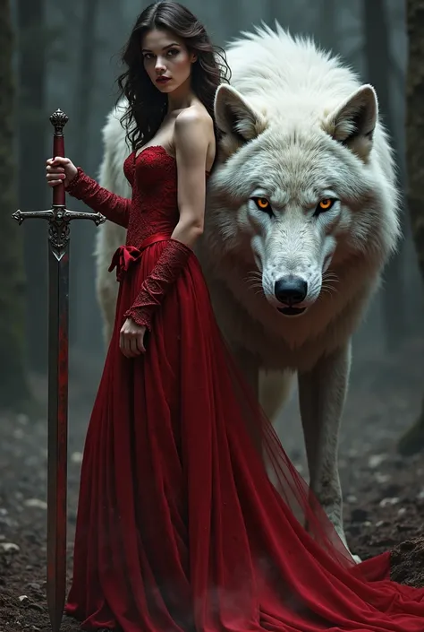 Femme guerrière sexy, en robe rouge, avec une épée dans la main, un loup blanc Alpha ce tient à ces coter dans une ambiance sombre 