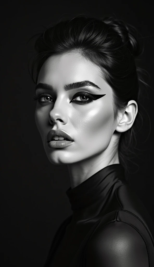 A striking beauty portrait featuring a model with graphic eyeliner and sculpted cheekbones, set against a bold monochrome backdrop. Shot with an 85mm prime lens (f/1.4) for a dramatic, high-fashion feel. Cinematic 16:9 aspect ratio."