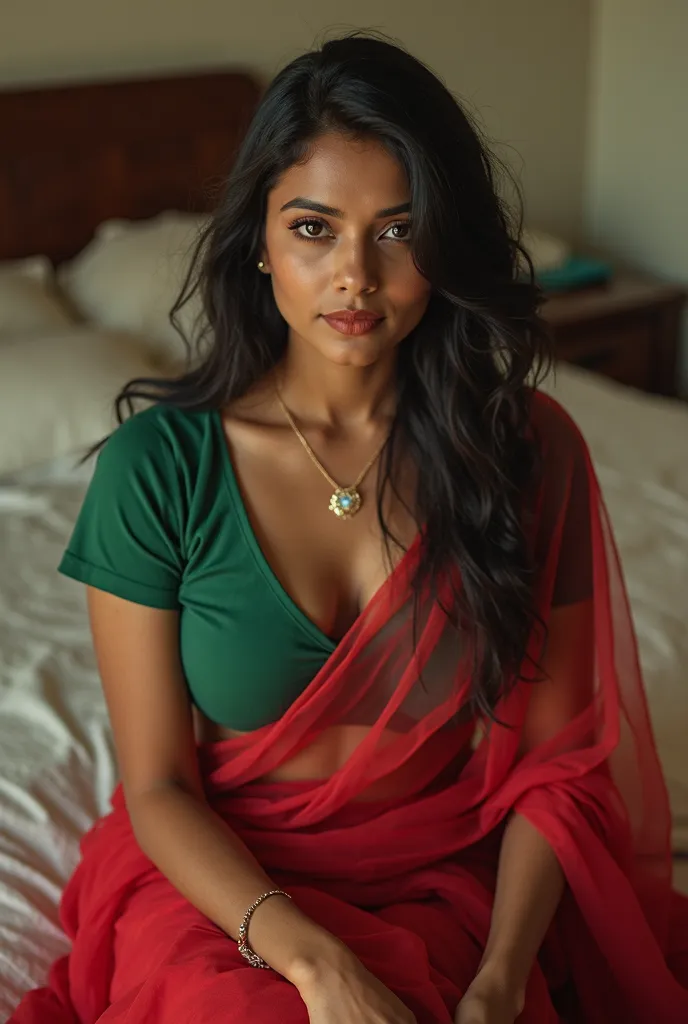 Ultra-High-Definition and Realistic Photo of an Indian Busty Female Nitya Menon, aged 28 with average sized body and brownish skin tone. She flaunts her huge swoopy breasts, and deep navel sitting in the bedroom. No Ornaments. Full Size Photo, wearing see-...