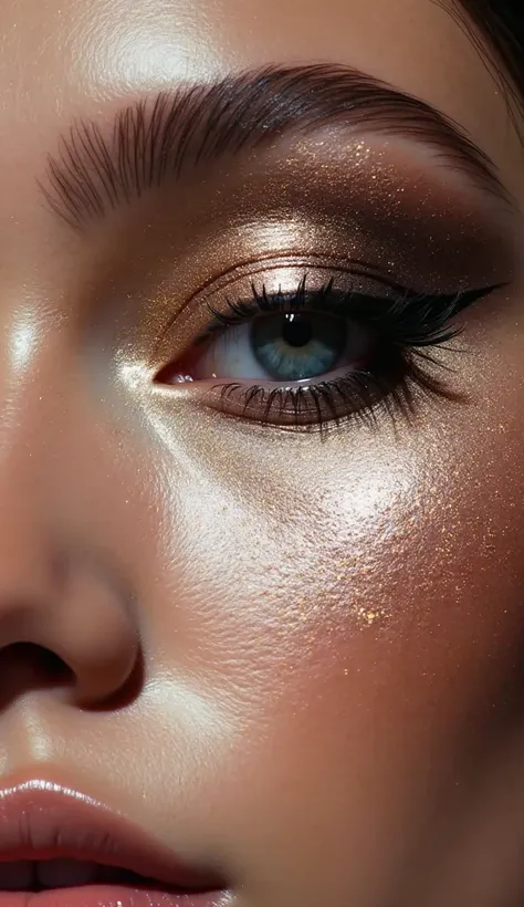 2. "A close-up of avant-garde metallic eyeshadow with bold textures, accentuated by high-contrast lighting for an editorial aesthetic. Shot with a 100mm macro lens (f/2.8) for extreme detail. 16:9 frame."