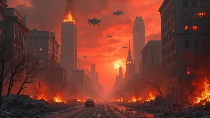 City streets filled with thick smoke, with flames blazing on various destroyed buildings. Debris strewn everywhere, and several burning vehicles. The sky is still deep red with alien ships hovering above it.