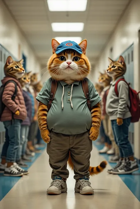 A very fat Bengal cat, with a round and puffy face, is standing in the corridor of a school. He is in an upright position, similar to human posture, and wears pants,  sneakers, shirt and a blue cap. Around him, other anthropomorphic cats are also standing,...