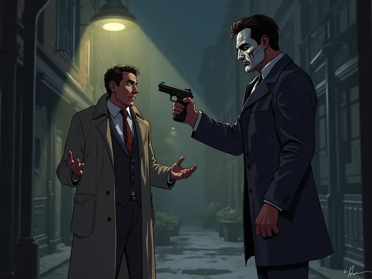 "A dark and intense scene where Harvey Dent, now transformed into Two-Face, threatens Commissioner Gordon and his family. Two-Face stands in a dimly lit alley, his burnt and scarred half-face illuminated by a flickering streetlight. He holds a gun, pointin...