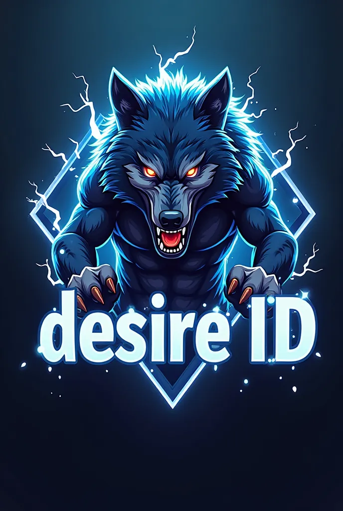 Wolf animal esport logo with electric effect and writing " DESIRE ID ",,