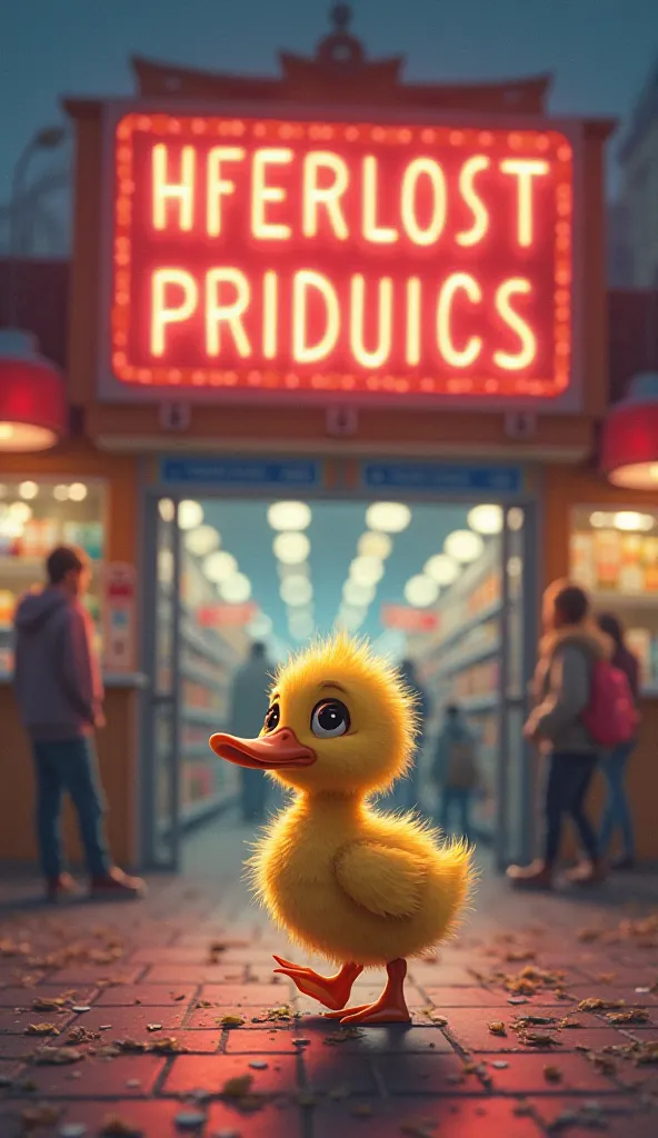 A little duckling is walking into a supermarket, with the bright neon sign of the store visible in the background.