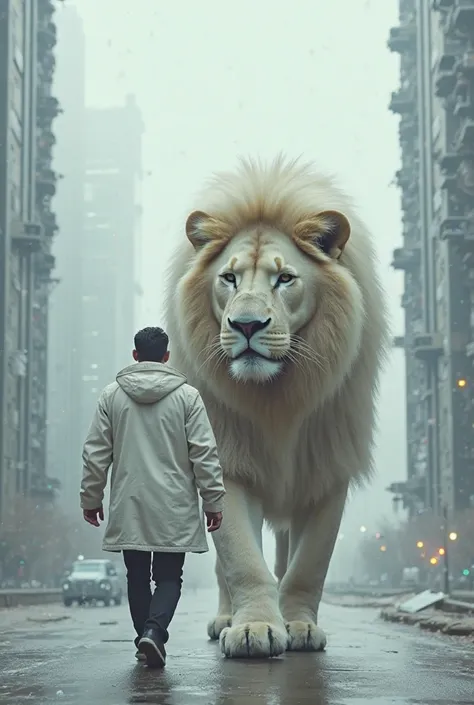 A realistic photography of a man in a white jacket walking side by side with a super Giant lion with thick white fur,keduanya berjalan langsung menuju kamera dalam garis lurus, a futuristic city as the background 