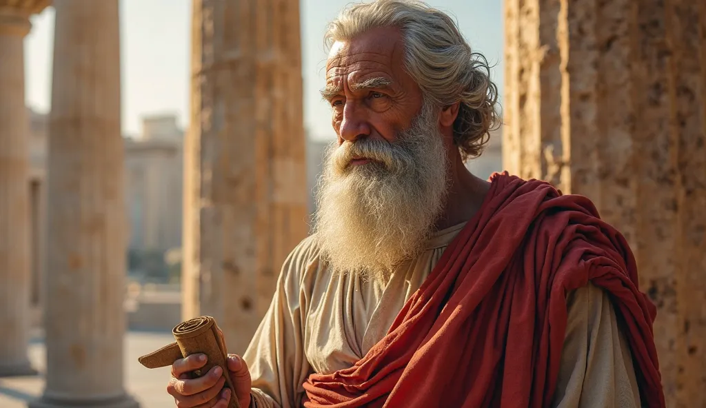 A highly detailed, realistic portrait of Plato, the ancient Greek philosopher. He is depicted as an elderly yet wise man with a flowing beard and deep, contemplative eyes. He wears a traditional Greek himation (robe) draped over one shoulder. In one hand, ...