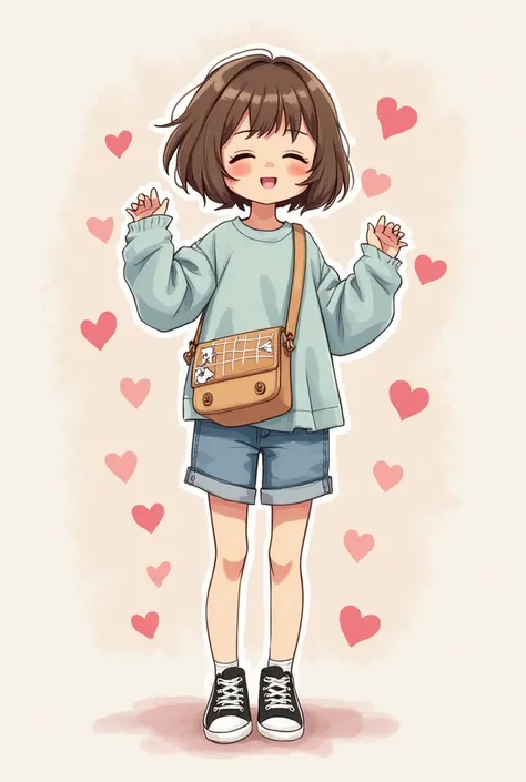  Enchanting doodle art style,short brown hair,Closed eyes and trace-shaped mouth,ela esta usando shorts jeans,light blue loose-fitting shirt with,print black all-star sneakers and a delicate light brown crossbody bag,she is holding a wooden grid board with...