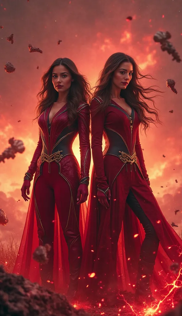 Hania Aamir and Scarlet Witch stand side by side in a mystical battlefield, surrounded by glowing red energy. Hania wears a sleek red and black enchanted outfit, inspired by Scarlet Witch’s signature look, with intricate patterns glowing faintly. Her deep ...