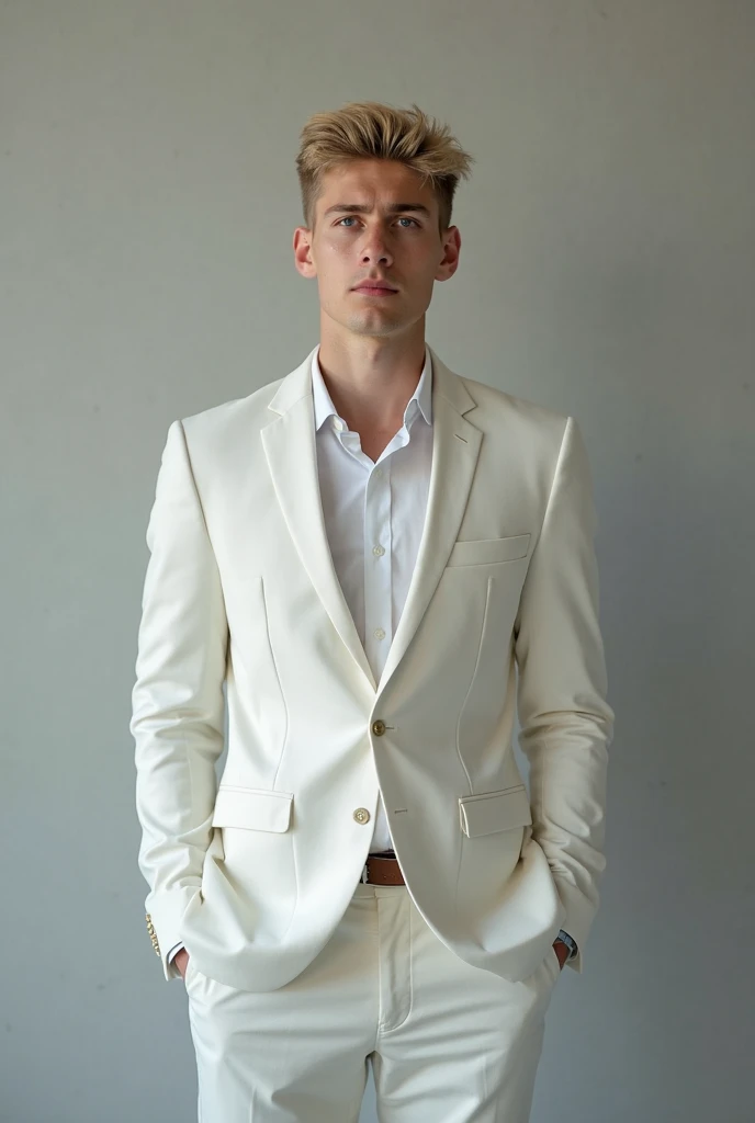 take a picture of a 20-year-old boy without a beard looking at the camera in a white suit and a gray background. discouraged. to be seen from the waist to the head, blond hair