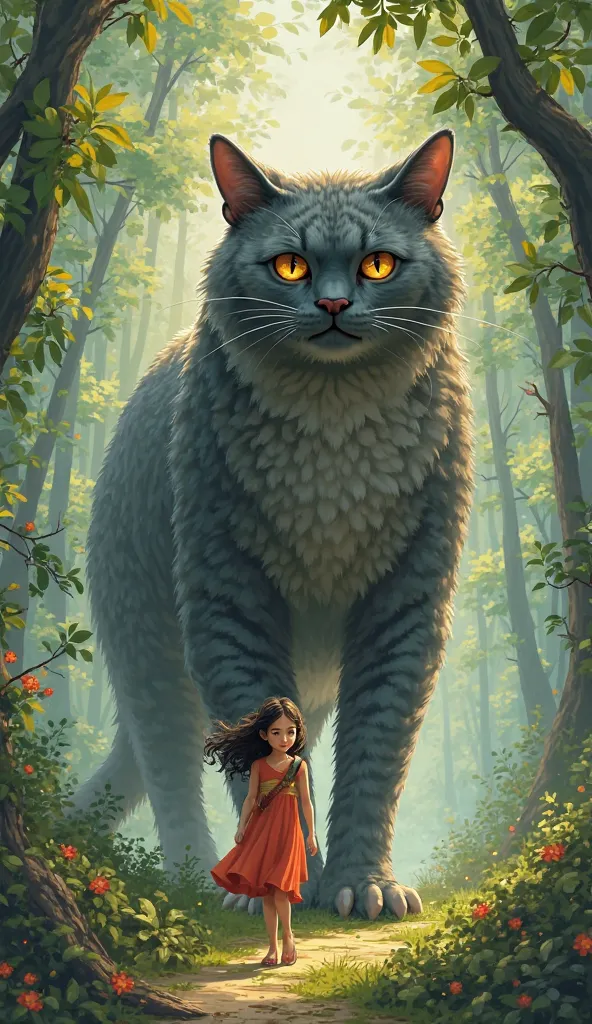 Girl walking with a giant cat