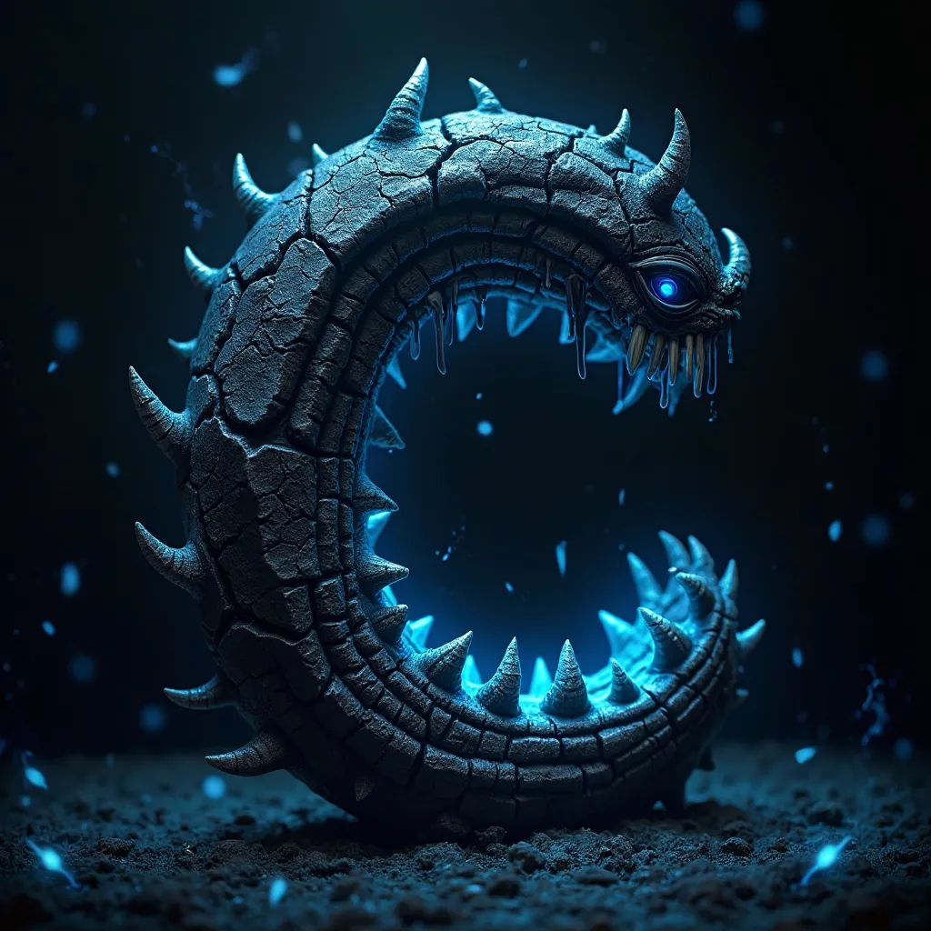 A haunting, monstrous letter 'C' that seems to pulse with dark energy. Its deep black surface is rough and cracked, revealing glowing electric-blue veins underneath. The letter appears to be alive, its edges curling slightly as if it’s preparing to close a...