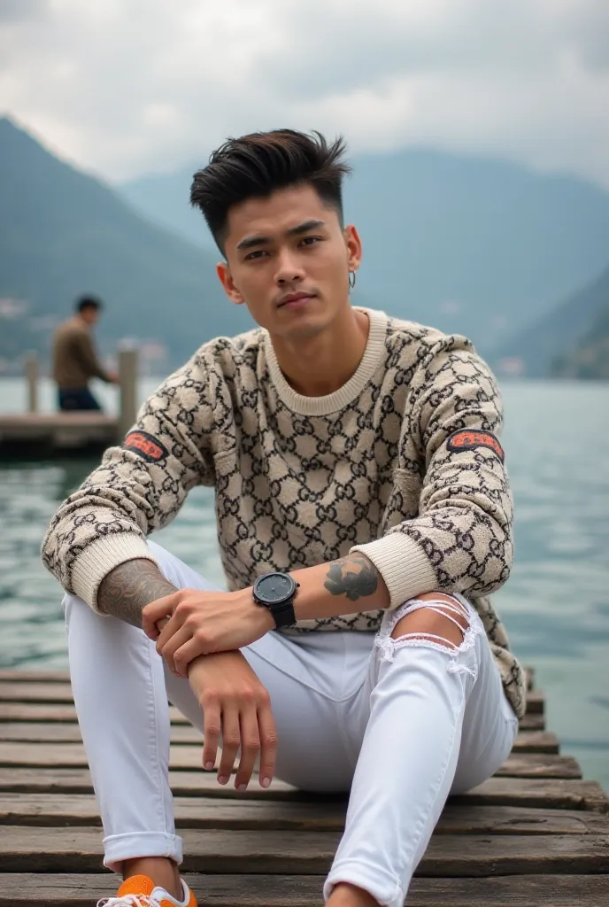 ,  ealistic image of a handsome Korean man, trendy short hair, wearing a Gucci sweater with a signature GG pattern, a few tattoos on his arms, a black watch, tight white jeans with ripped knees, orange converse shoes, sitting on a wooden pier, Railroads  b...