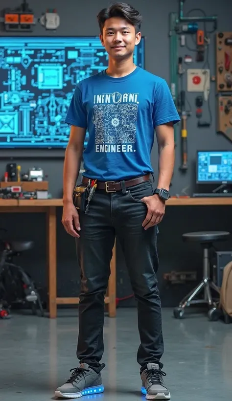 Design a casual yet engineering-themed outfit for an Electronics Technology student celebrating Engineers' Day. The outfit includes a blue t-shirt with a bold graphic print of a circuit board and the text 'Innovate. Create. Engineer.' paired with black jea...