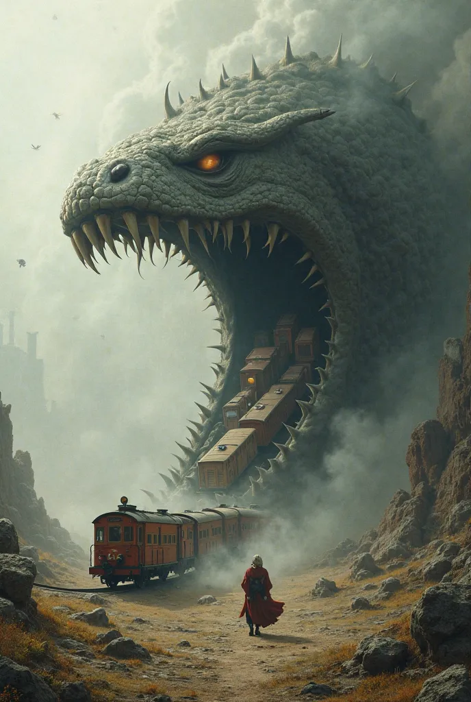 Trains and wagons emerging from the mouth of a two-dimensional snake