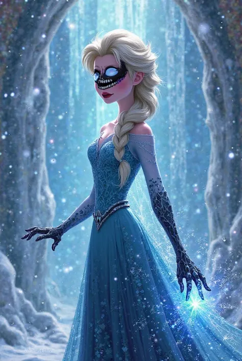 "A highly detailed 4K digital painting in the style of Disney's Frozen, featuring a Venom-Elsa hybrid. Elsa retains her elegant ice-queen appearance but is partially merged with the Venom symbiote. Her platinum blonde hair has streaks of living black tendr...