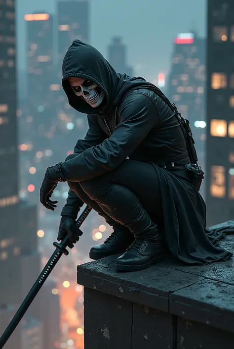 crouched black assasin On building holding a Black Katana, in the background is the city view at night,realistic, Cool A Outfit, With a Skull design on the ski mask 