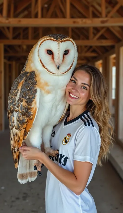 A woman holding an enormous barn owl indoors. The owl is as large as the woman, with its body and wings covering a significant portion of her figure. Its plumage is a mix of white, golden-brown, and gray, with a distinctive heart-shaped face and deep black...