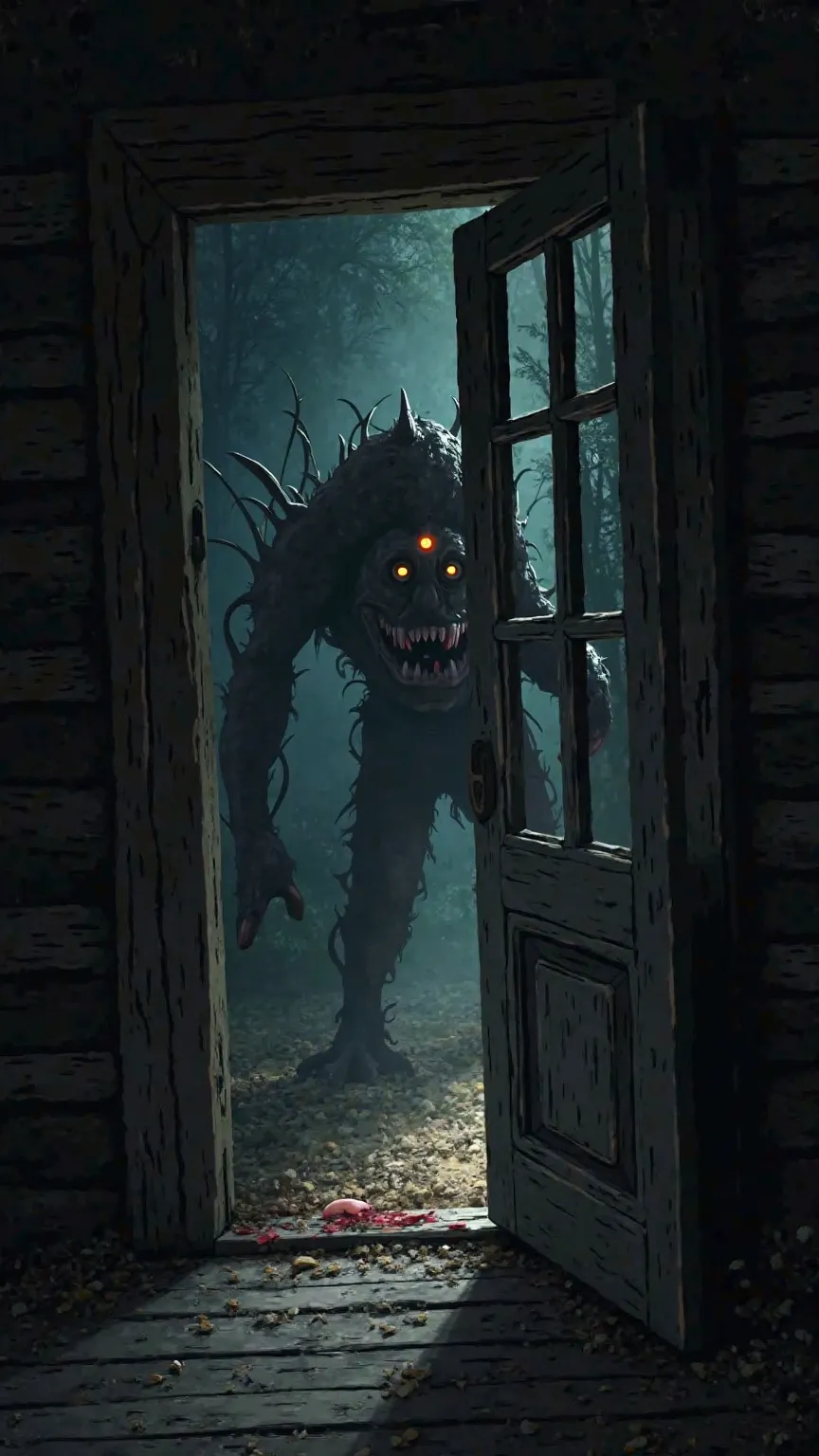 Inside the cabin, I found myself cornered. The creature stood in the doorway, its glowing eyes watching me with a mix of curiosity and hunger. Its mouth opened again, revealing those sharp, blood-stained teeth. I looked around, searching for something to d...