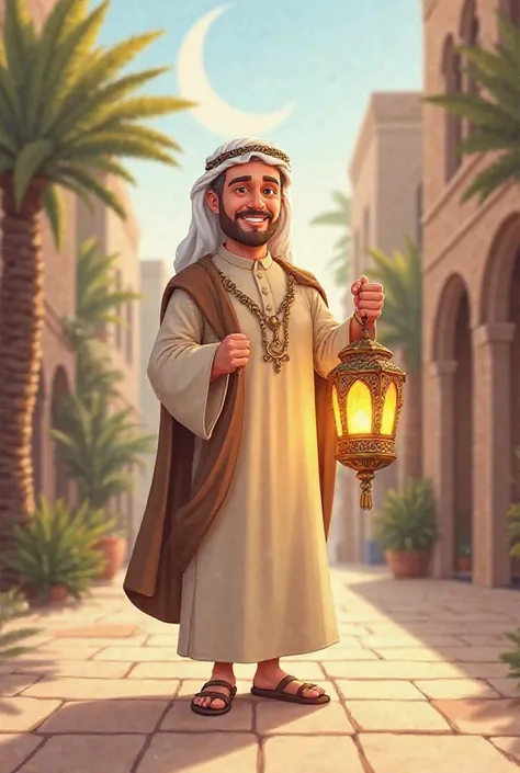 A full-length cartoon picture of a forty year-old man wearing a caftan with light hair and no beard and carrying a Ramadan lantern 