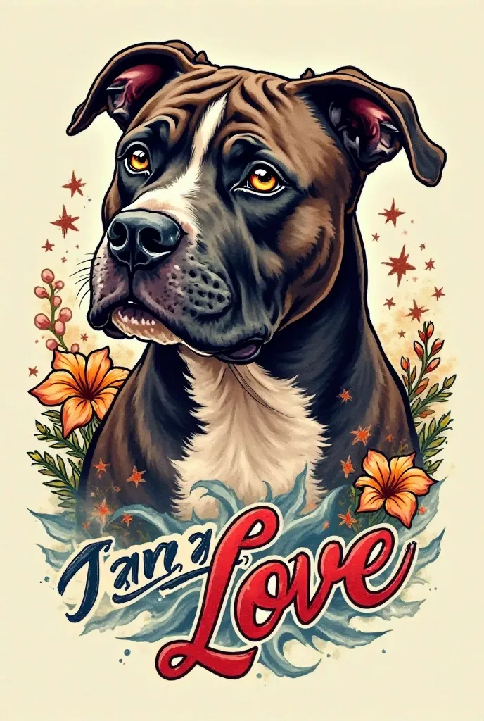 
Traditional American tattoo style in the style of Sailor Jerry designs ,
I want you to generate an image of a Pitbul dog with a text that says
I AM A LOVE