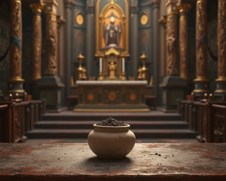 A small jar with ashes on the church altar.