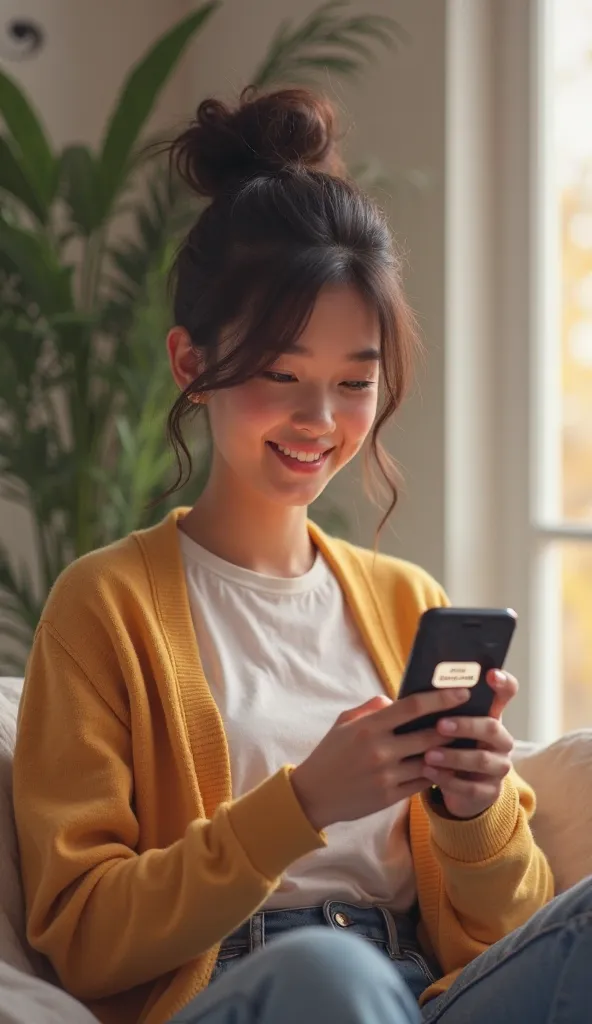 A person checking their phone with a budget app, showing the progress towards savings and goals. The person smiles as they adjust their budget, with a 'goal achieved' notification appearing."