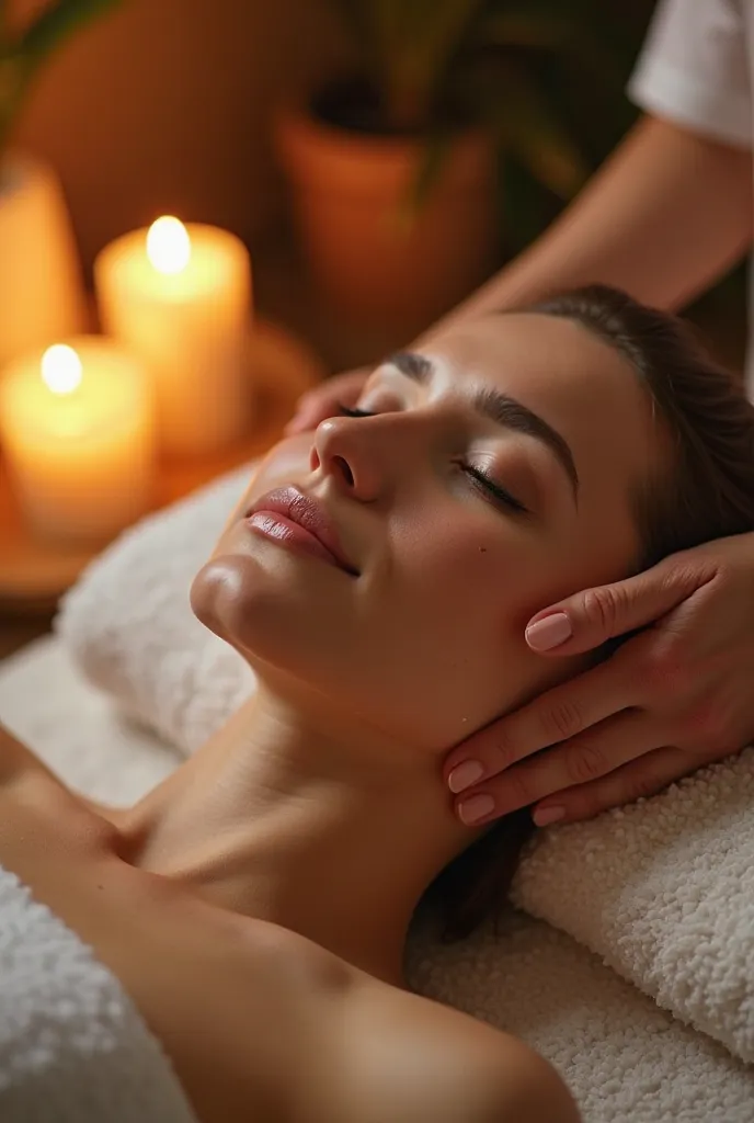 1. "A serene spa setting with a woman receiving a relaxing facial massage, warm candlelight casting a soft glow on her skin. Shot with an 85mm prime lens (f/1.4) for dreamy depth. Cinematic 16:9 aspect ratio."