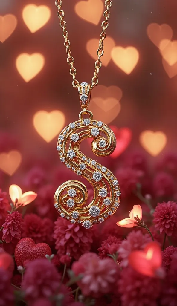 A gold pendant with a chain on which the letter S in gold and diamonds hangs . In the background there are illuminated hearts. high resolution , 