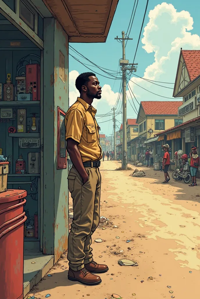 a young african man standing outside his electrical shop. He is sadly looking at the dusty road outside his shop in a in a modern comic style