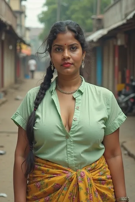 Hot Indian heavy woman 40 years old standing position, full front view, visible big  cleavage and nipple, full body image, front view hip visible with sexy hip fold, standing in a street, ultra-detailed, photorealistic, 8k, best quality, intricate details,...