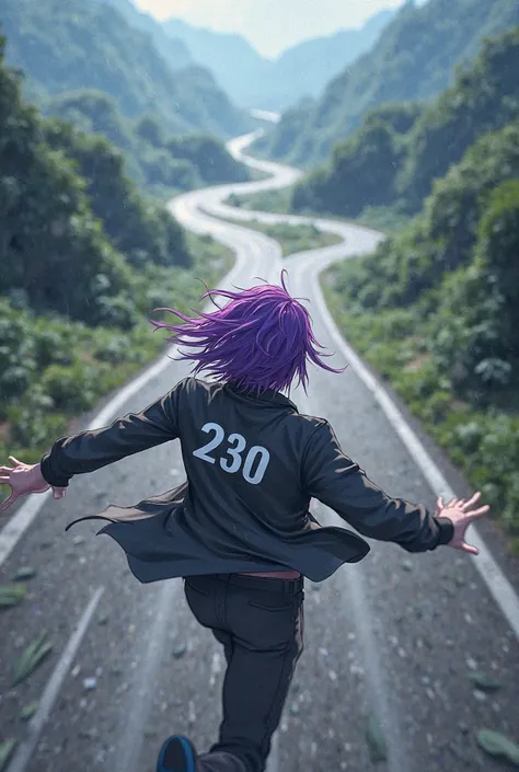 Purple haired man With number 230 Runs away from the fork