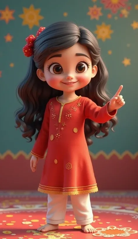 
"A cheerful young girl with sparkling brown eyes, long wavy black hair, wearing a bright red frock and white pajama, standing in front of a colorful background with stars and Islamic patterns. She is smiling and pointing towards the audience, giving a val...