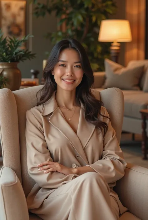 a smiling woman sitting in an armchair in a high-end furniture store 