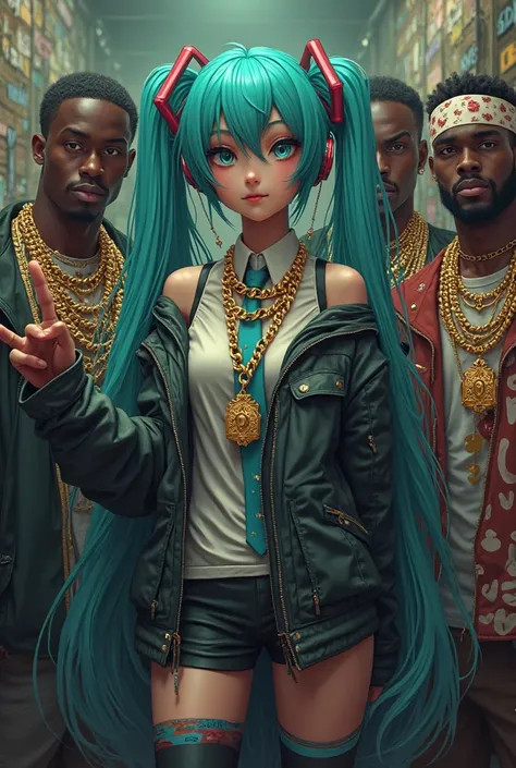 Image of hatsune miku among a gang of black rappers wearing gold chains and throwing gang signs original style no anime style ( the gang's people must be of African)