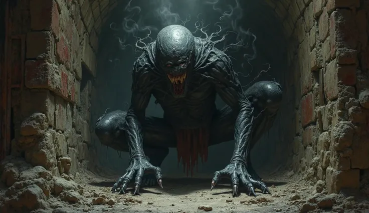 A grotesque humanoid creature with charcoal-black skin, hollow eyes, and elongated claws crouching in the shadows of a dungeon