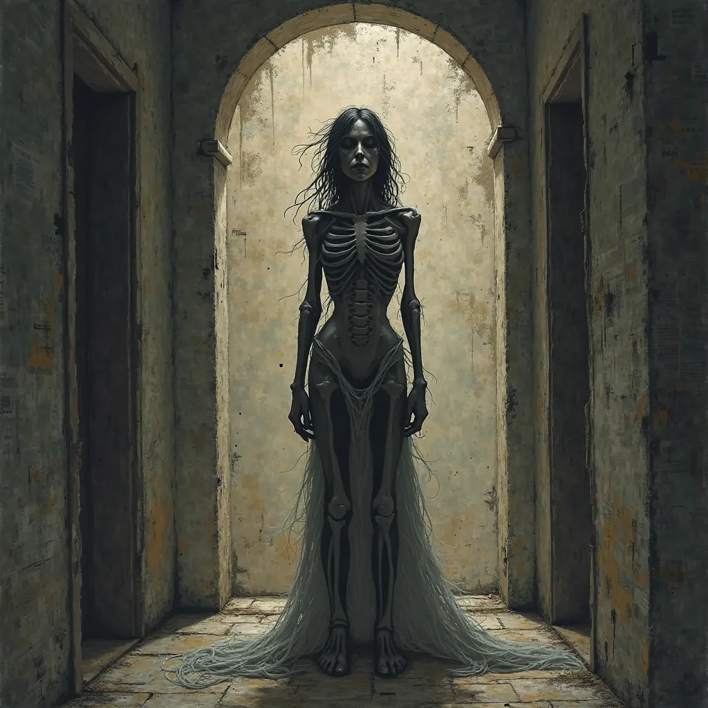 MEDIEVAL STYLE NEWSPAPER TYPE SCRIBBLE - Woman with a skeletal body, with a suffering expression, patiently alone in a dark corridor. Her silhouette is slightly distorted, as if a shadow were stretching behind her, representing the torment of her search fo...