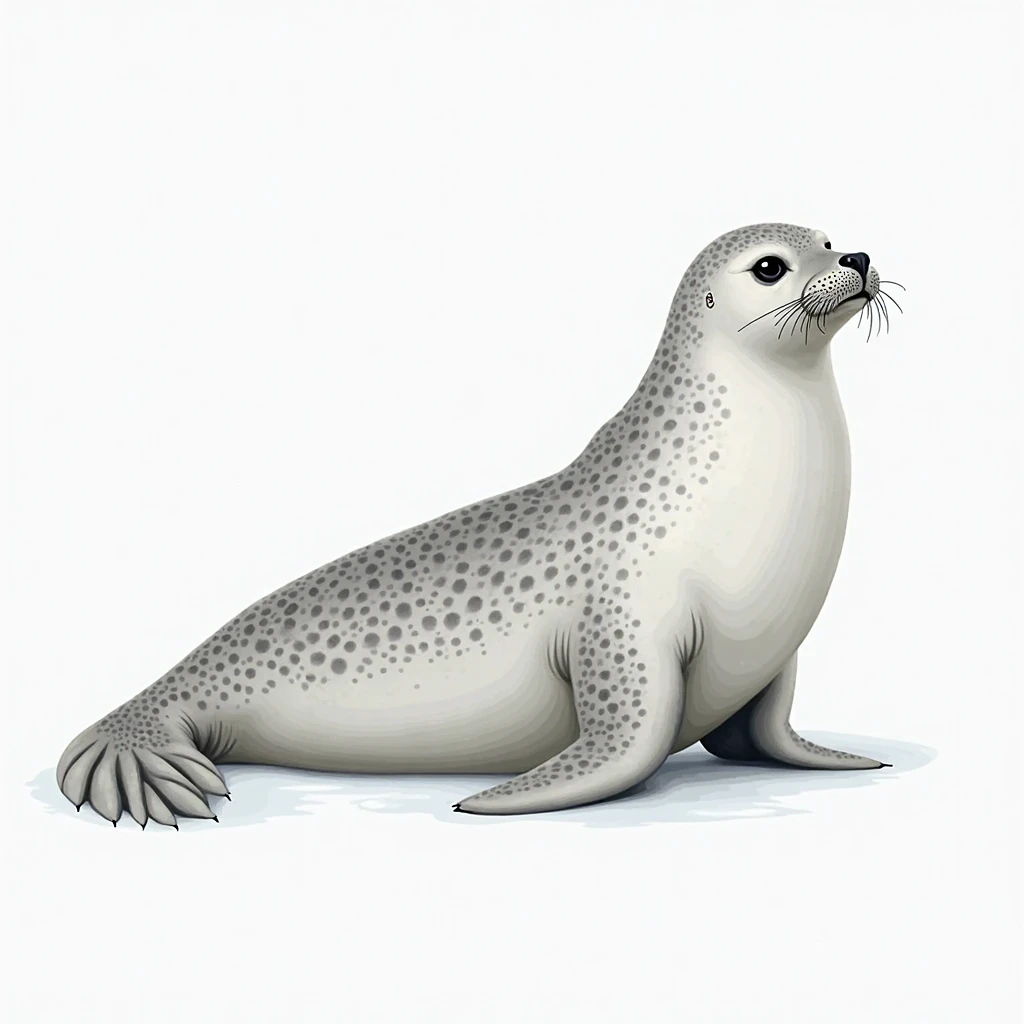 Make a faithful image of a Weddell Seal (Leptonychotes weddellii), it is silver-grey with spots, pale colouring on the face and white belly, its head is small in relation to its body, its snout is small and flattened, its eyes are large, it has many and sh...