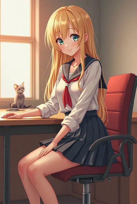 
anime girl with long blonde hair sitting on a desk in a room, an anime drawing by Kentaro Miura, pixiv, fantasy art, a hyper realistic schoolgirl, hyper realistic schoolgirl, seductive anime girl, realistic schoolgirl, realistic anime 3 d style, beautiful...