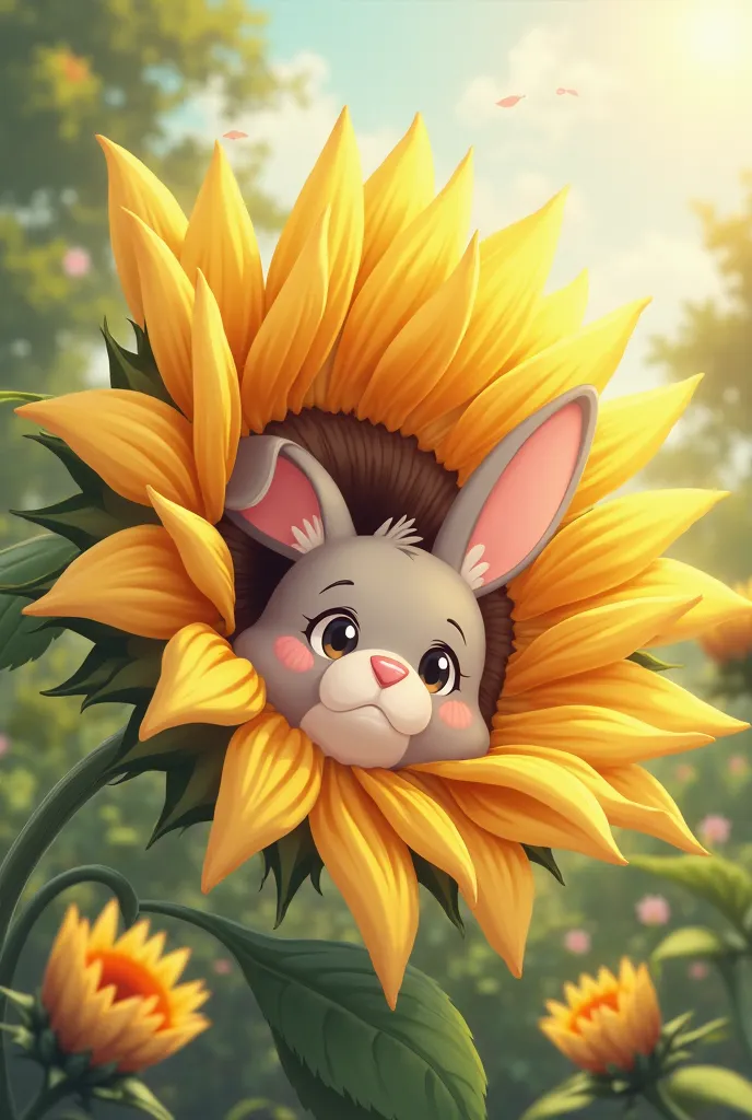 "Cartoon bunny peeking from behind a giant sunflower, pastel colors, soft sunlight, anime-style eyes, garden background"  