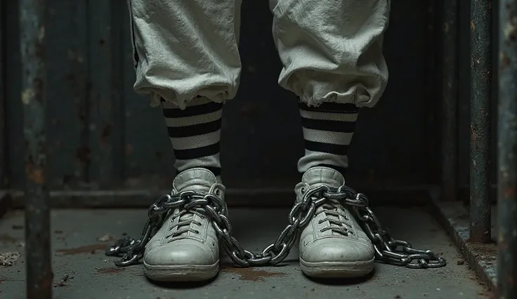 A prisoner feet wearing prioser white and black lines dress , his feets are wrapped with big chains in cage