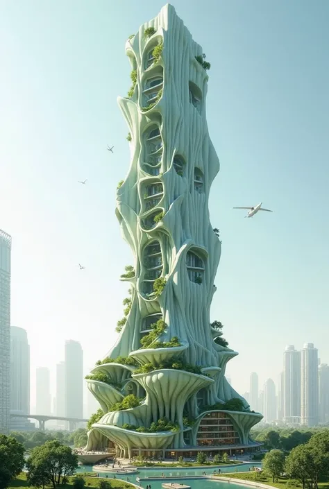 skyscraper with an organic shape at the base inspired by the petals of varicose gumesa as if it were dancing, with a slender body that rises and extends to the sky with three enveloping bodies that resemble the upper petals of varicose gummy, a green roof ...