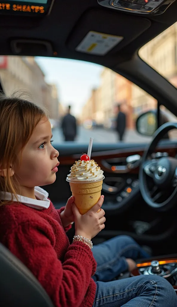 "First-person view of a rich  inside an elegant limousine, looking out the window as you pass by famous brand stores. Little hands hold a milkshake decorated with whipped cream and edible gold. On the bench next door, expensive shopping bags are stacked, a...