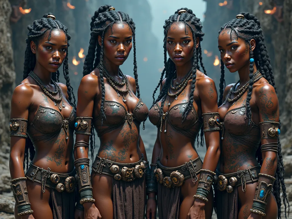 Four barbarian slave women,  butt , wearing time-worn Viking armor, posing in an environment dark and dark. Their bodies are inspired by battle scars, reflecting the harshness of life in captivity. The armor is made of leather, Iron and bones, with tribal ...