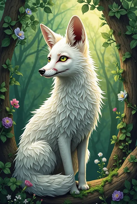 close up stained glass photo of a fox in the forest, Ethereal Fox, Stained Glass Art,  Whimsical Fox , Silver Fox Art,  White Fox,  fantasy fox love,  digital green fox , finely detailed digital art made with wildflowers,  stained glass style,  digital fox...