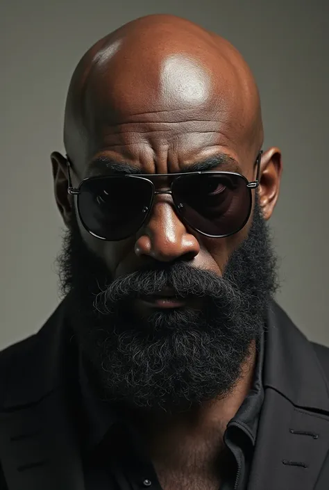 Serious bald bald black man with big beard with dark glasses
